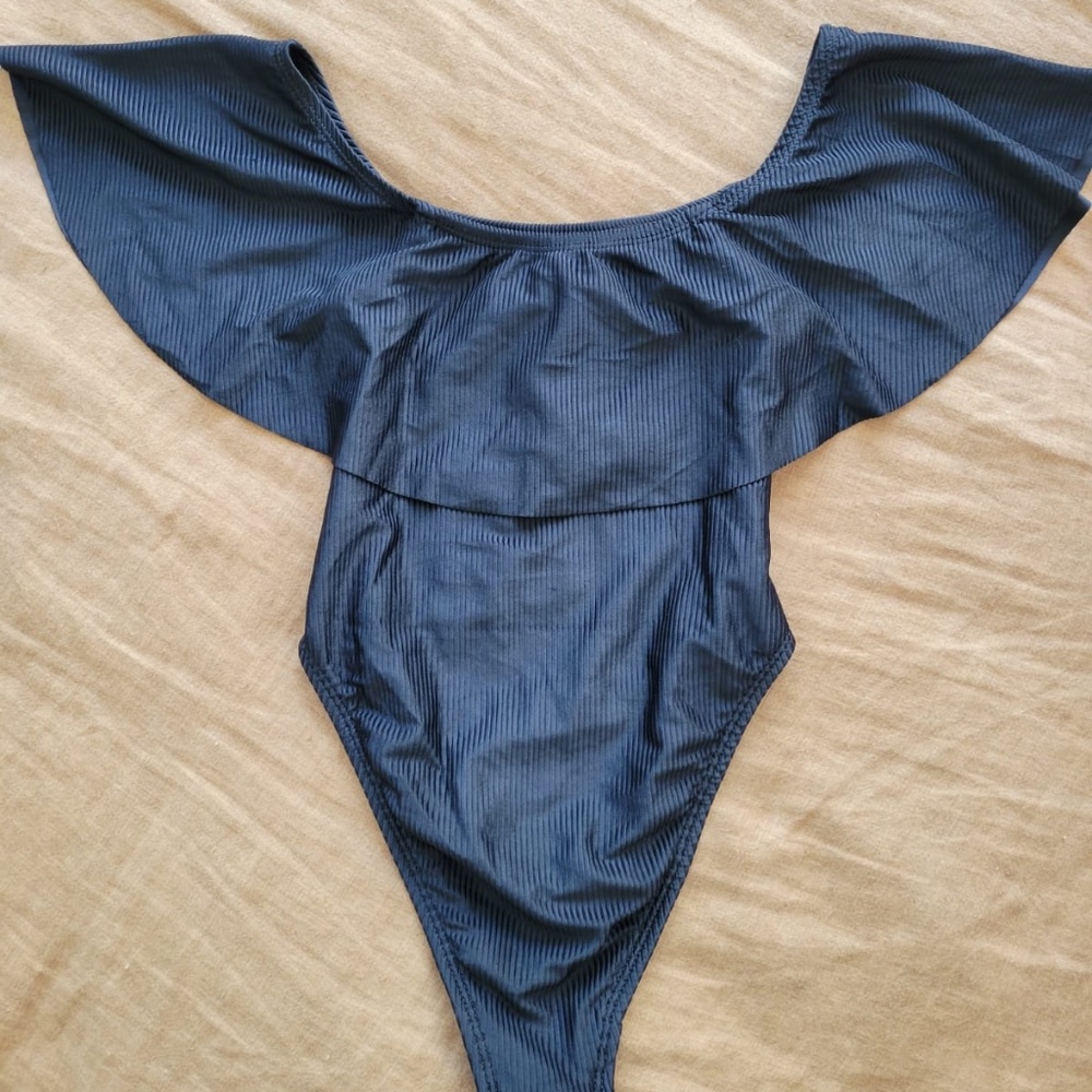 One Piece Off-shoulder Black Blue Swimsuit